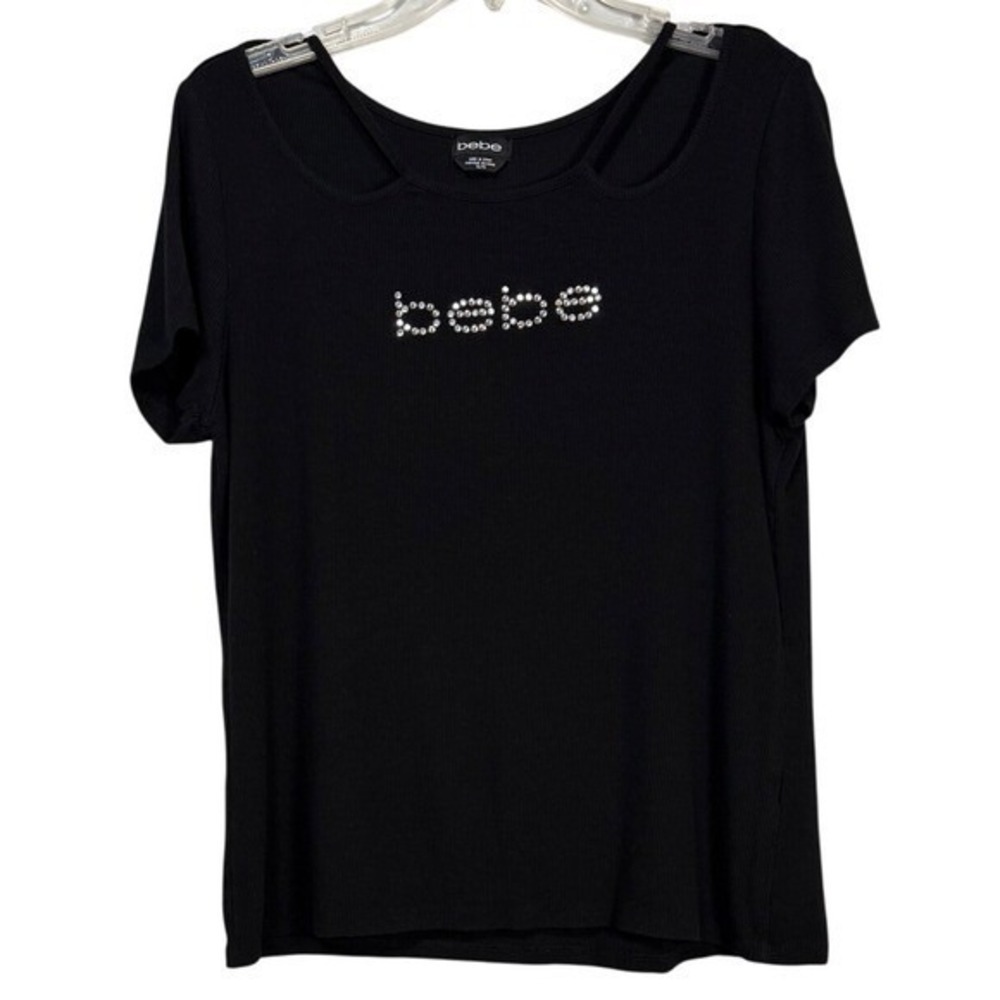 BEBE Rhinestone Logo Cutout Tee, Neck Cut Out, Absolute Y2K, Black, Size XL